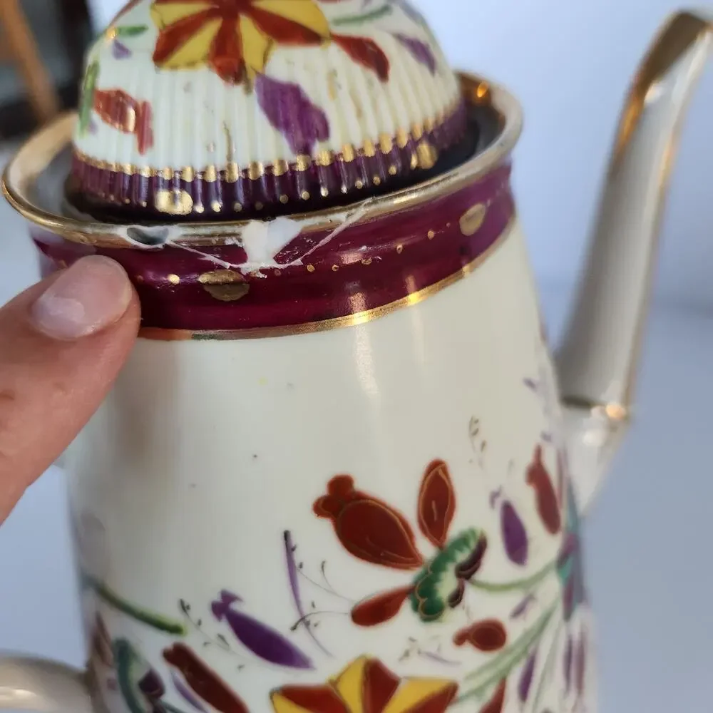 Antique 20s German Handpainted Chocolate Coffee Pot Gilt Floral Art Deco